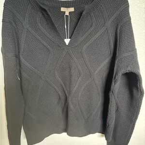 Lilla P Black V-Neck Textured Cable Knit Sweater